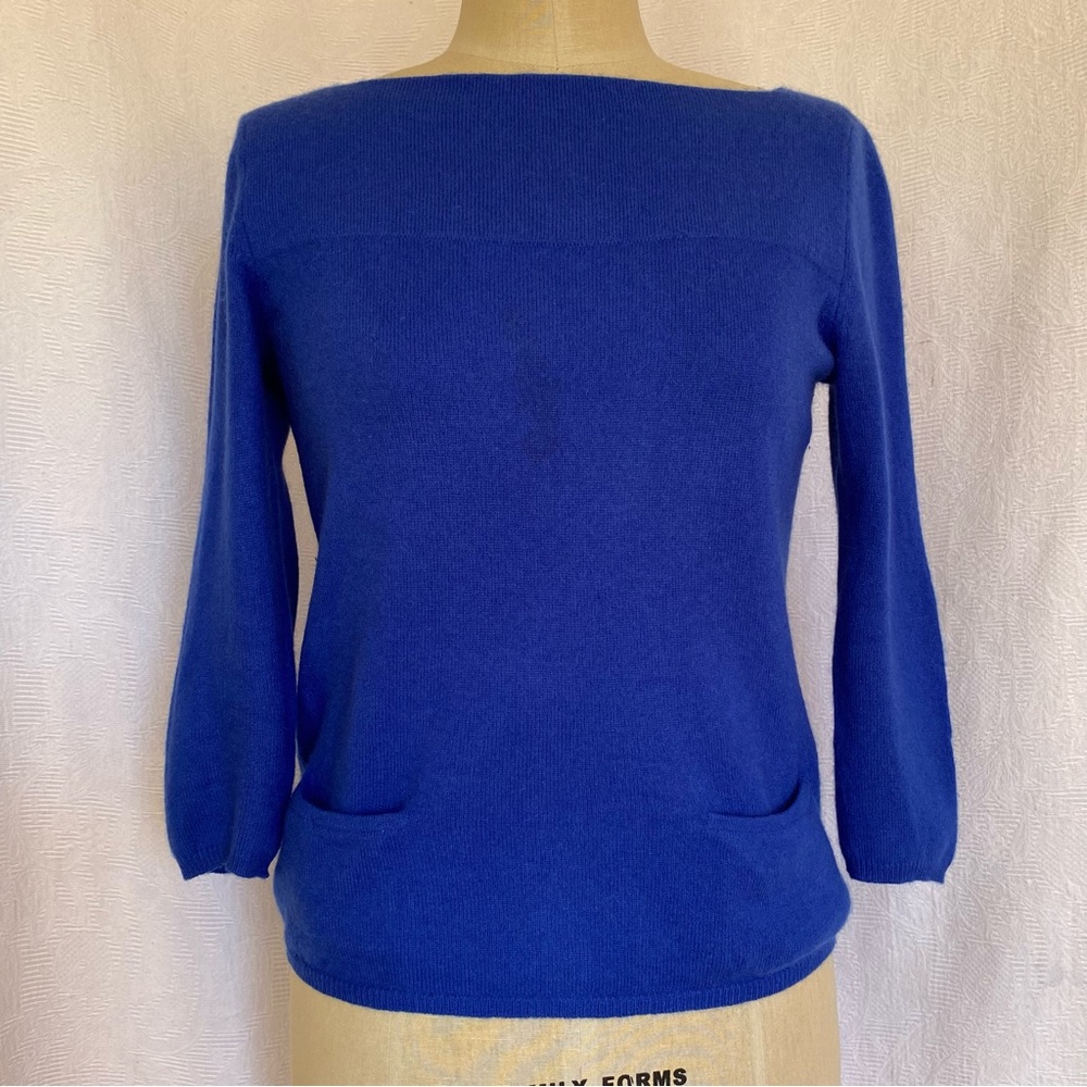 Pure Cashmere Sm Cobalt blue 3/4 sleeve sweater with two front pockets